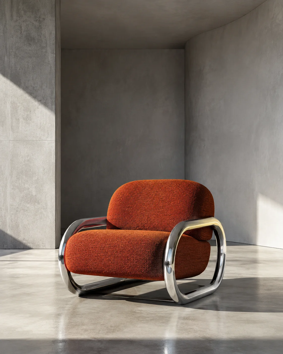 Sculptural lounge chair in vermilion wool and polished aluminium, in a sunlit concrete gallery.