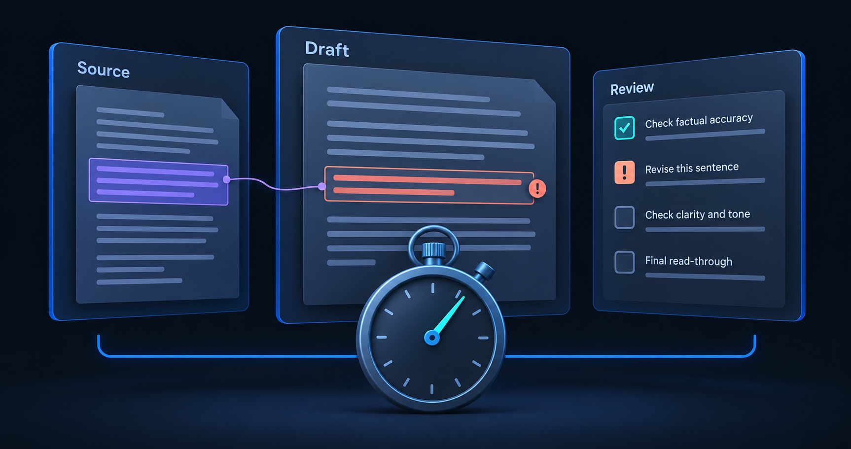 Illustrative Source, Draft, and Review panels flag a sentence for correction, with a stopwatch and bracket spanning the complete task.